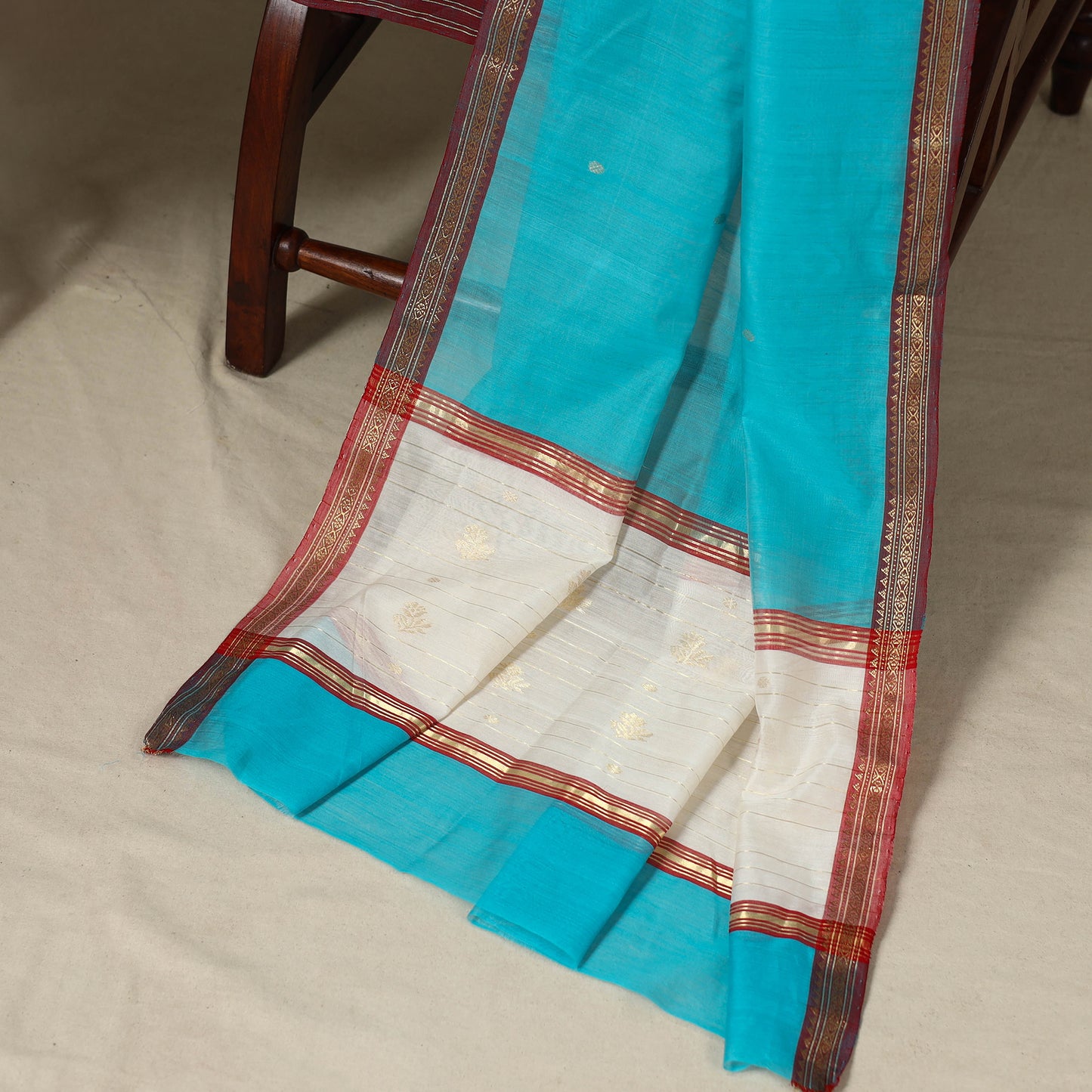 White - 3pc Handloom Zari Buti Unstitched Chanderi Silk Dress Material 