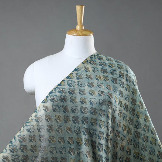 Green - Bagru Dabu Block Printed Natural Dyed Chanderi Silk Fabric 04