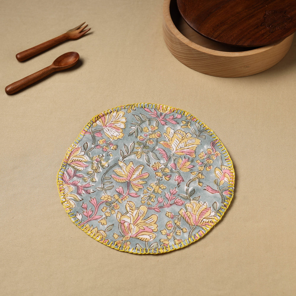 Floral Block Print Hand Embroidery Roti Napkin  03