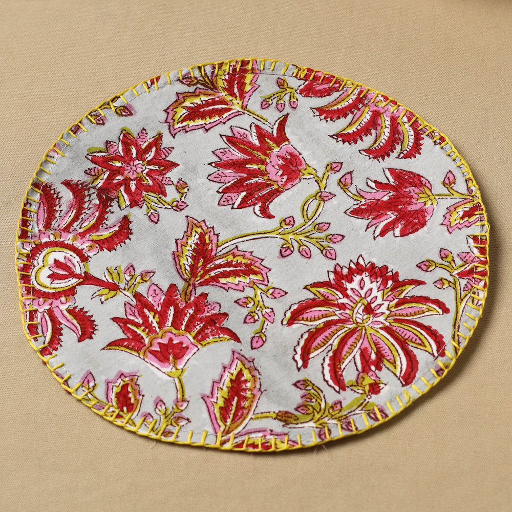 Floral Block Print Hand Embroidery Roti Napkin  04