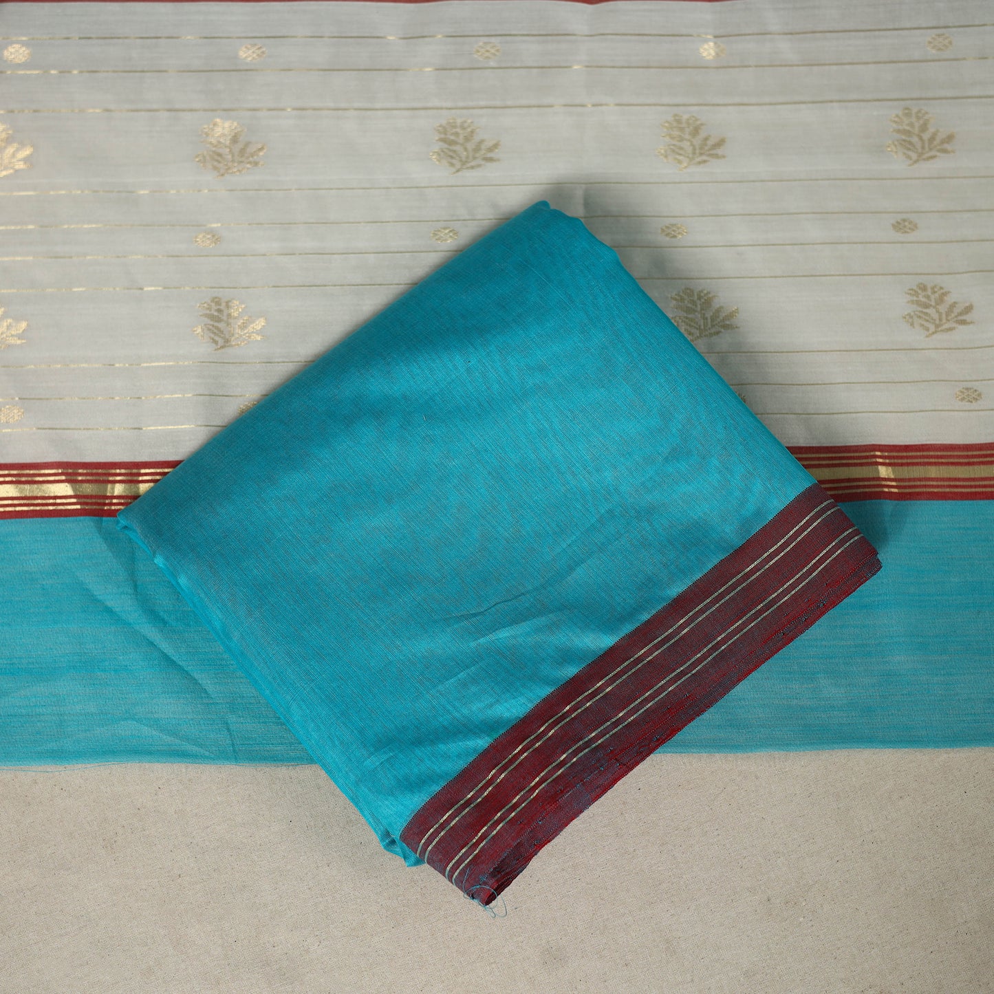 White - 3pc Handloom Zari Buti Unstitched Chanderi Silk Dress Material 