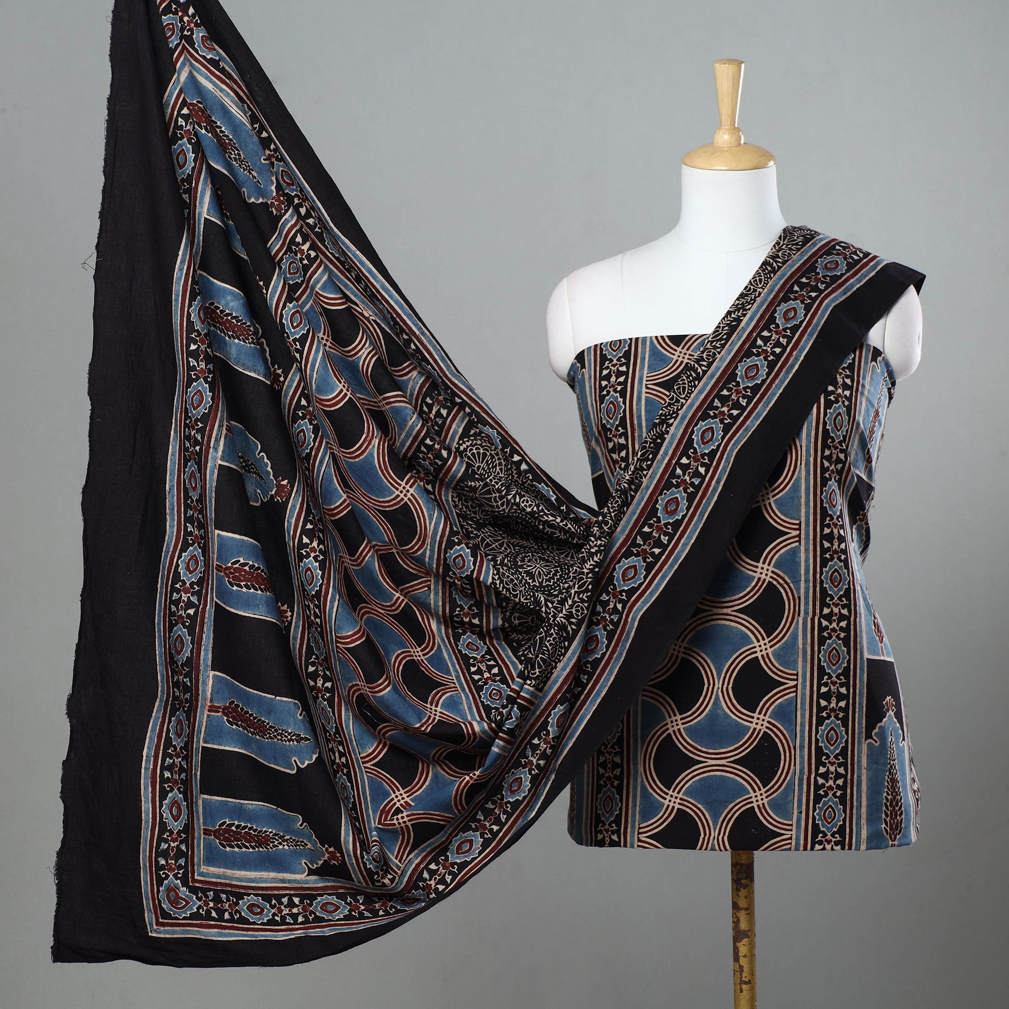 Buy Ethnics of Kutch Cotton Dress Material - Ajrakh Block Print - Natural  Dye - 2.5 Mt Top x 2.5 Mt Bottom x 2.5 Mt Dupatta - Hand Block Print  Dupatta and