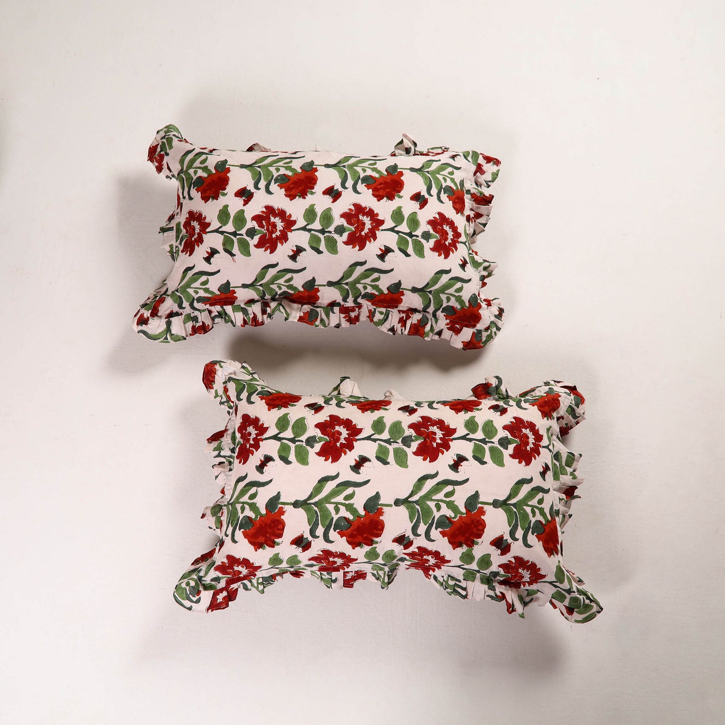 White - Set of 2 Sanganeri Block Print Cotton Frill Pillow Covers 06