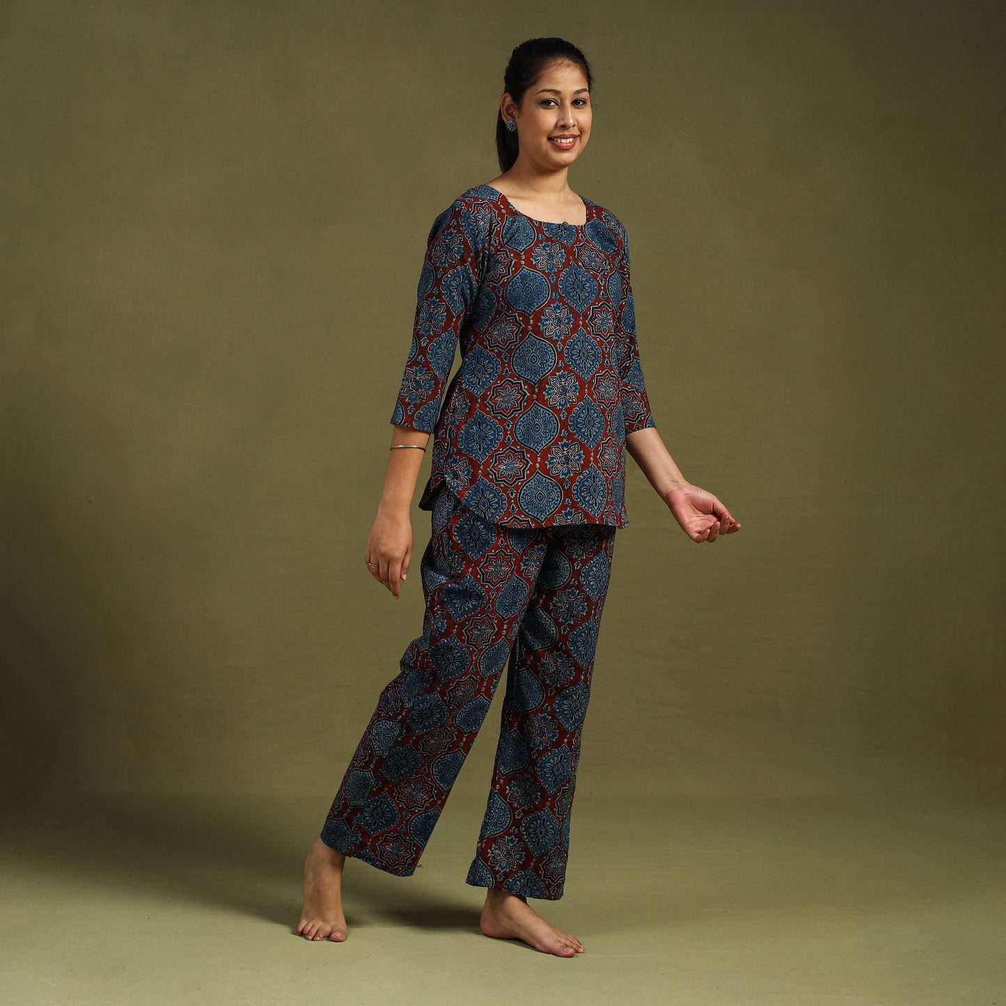 Blue Cotton Ajrakh Block Print Night Suit Set
