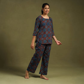 Blue Cotton Ajrakh Block Print Night Suit Set