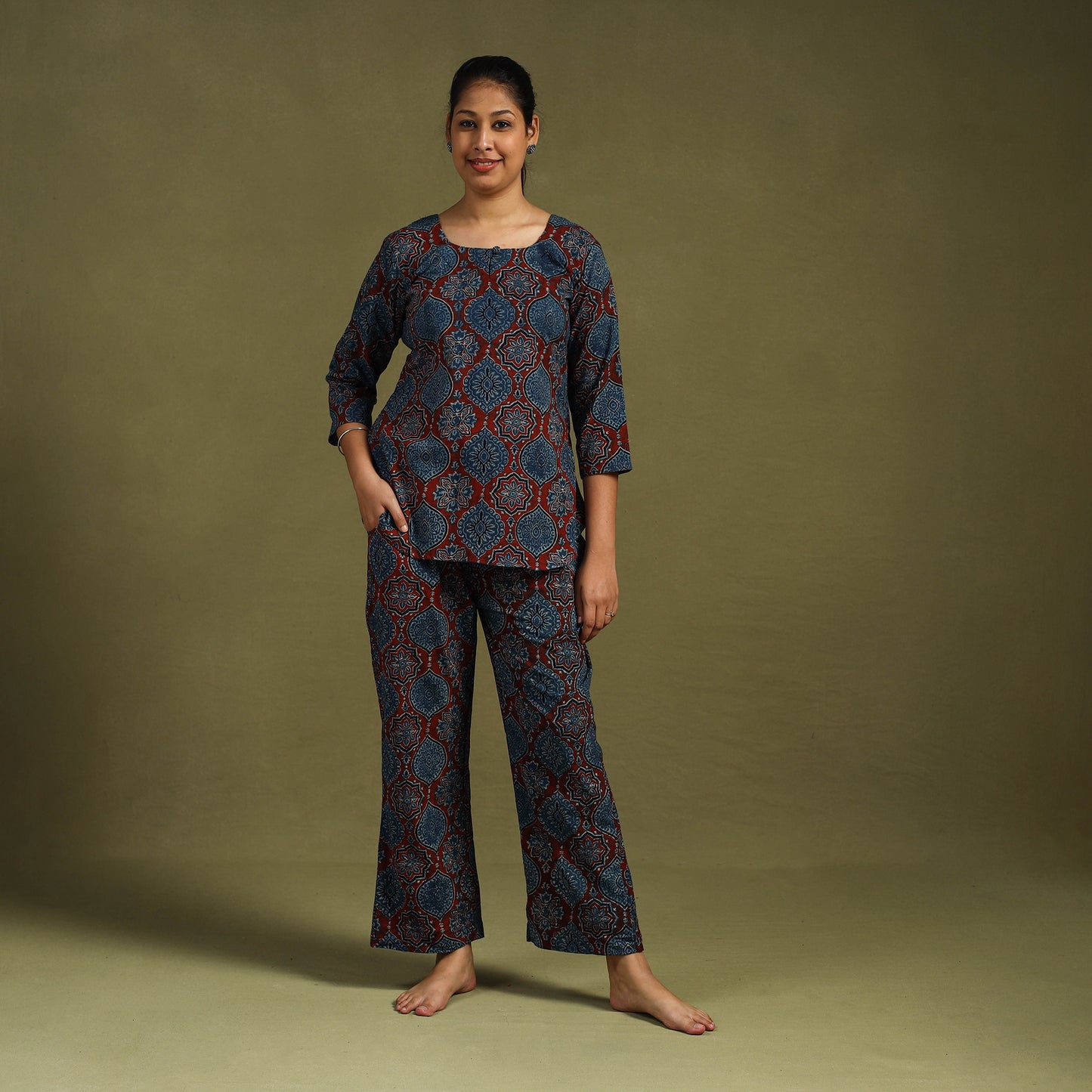 Blue Cotton Ajrakh Block Print Night Suit Set