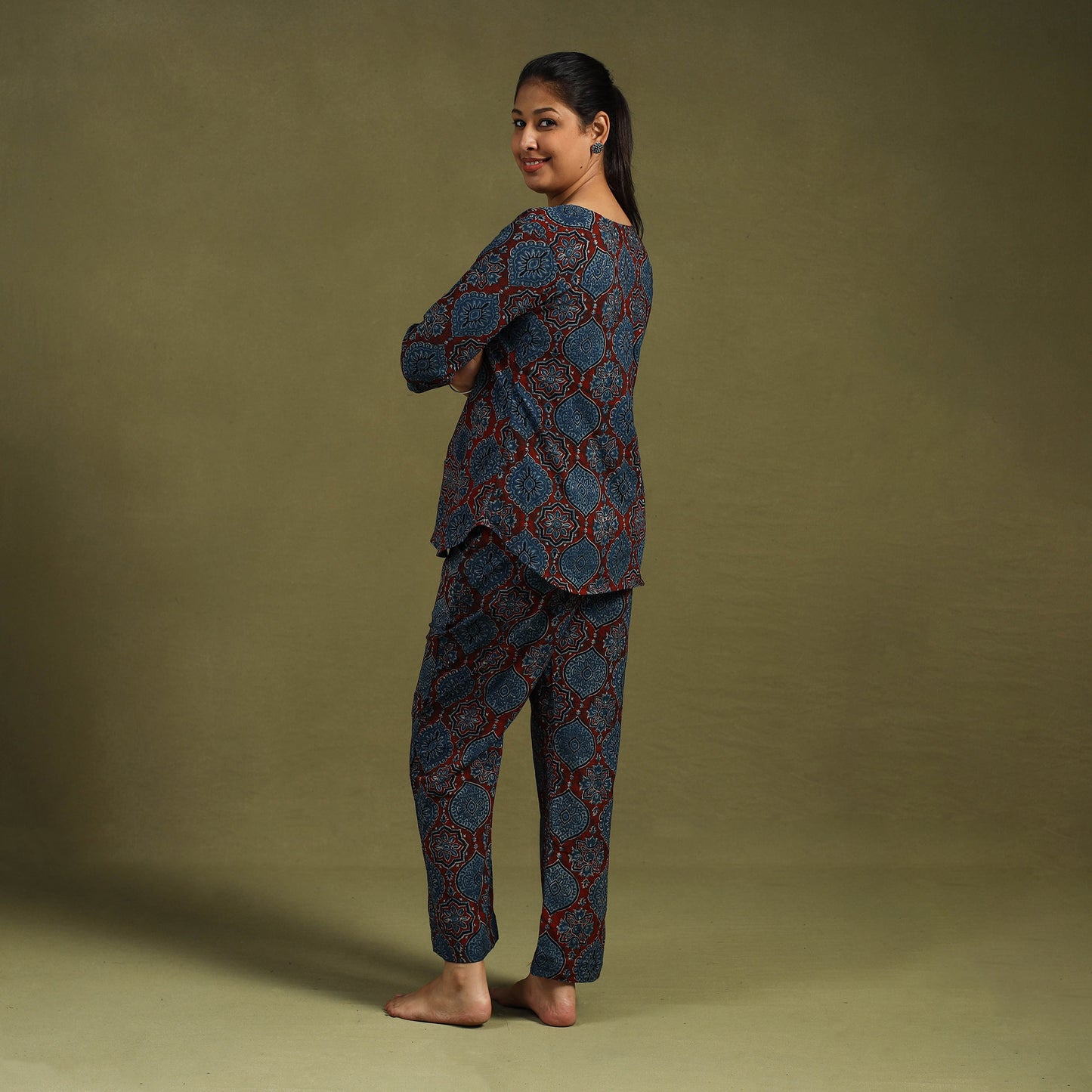 Blue Cotton Ajrakh Block Print Night Suit Set