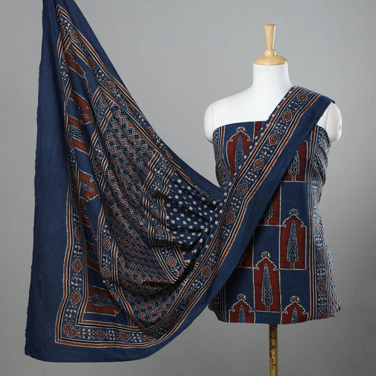 Blue - 3pc Ajrakh Hand Block Printed Cotton Suit Material Set