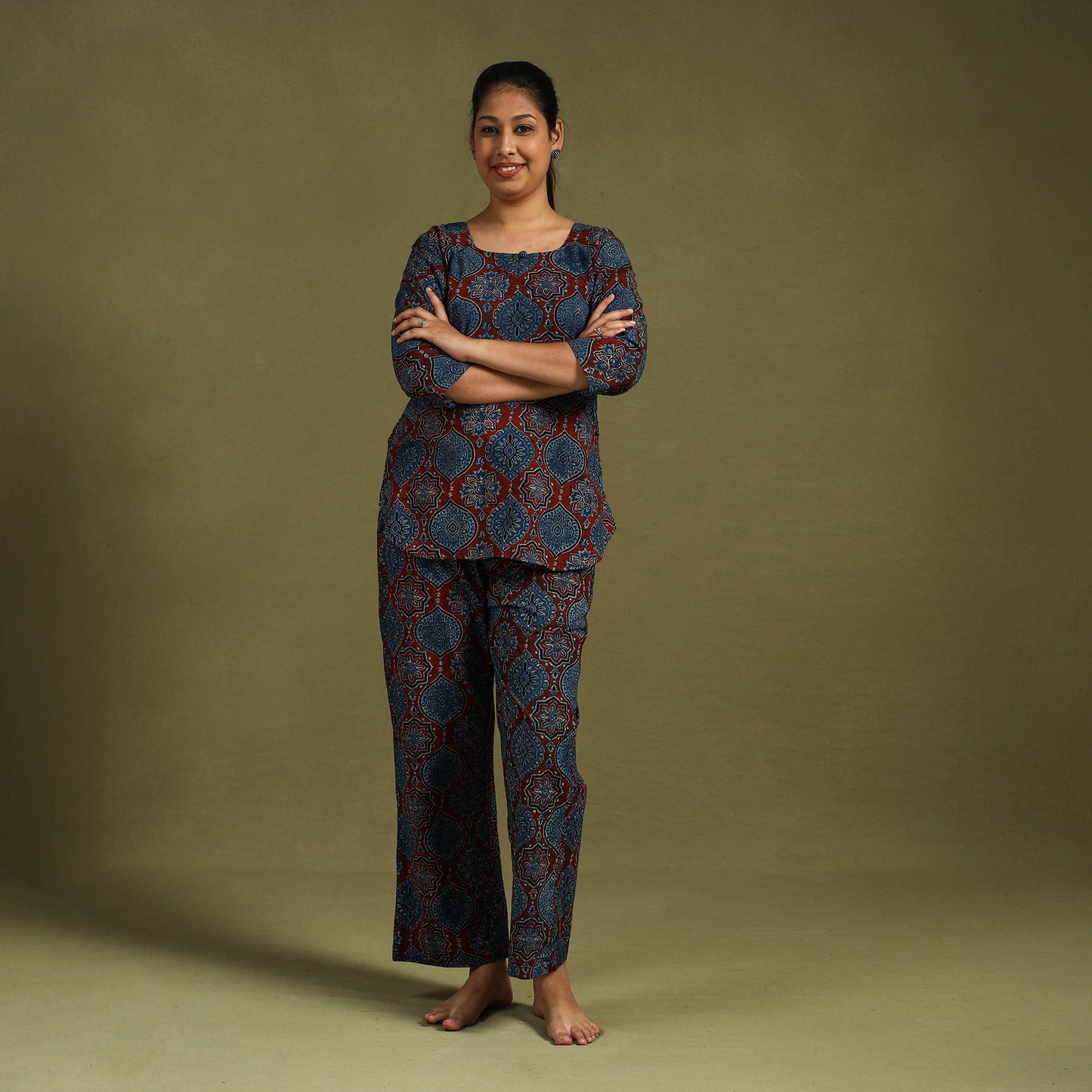 Blue Cotton Ajrakh Block Print Night Suit Set