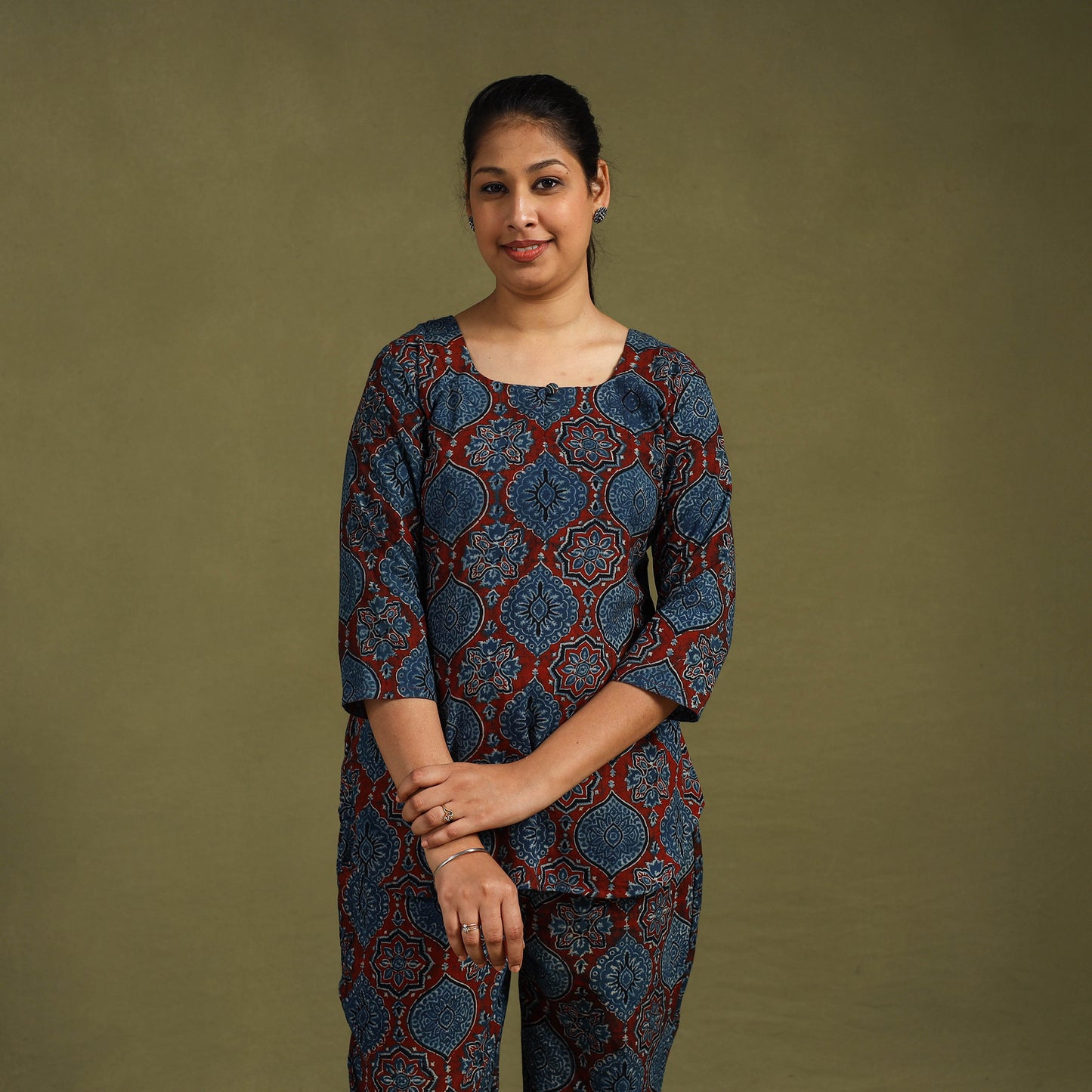 Blue Cotton Ajrakh Block Print Night Suit Set