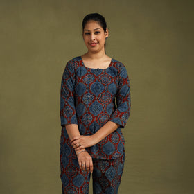 Blue Cotton Ajrakh Block Print Night Suit Set