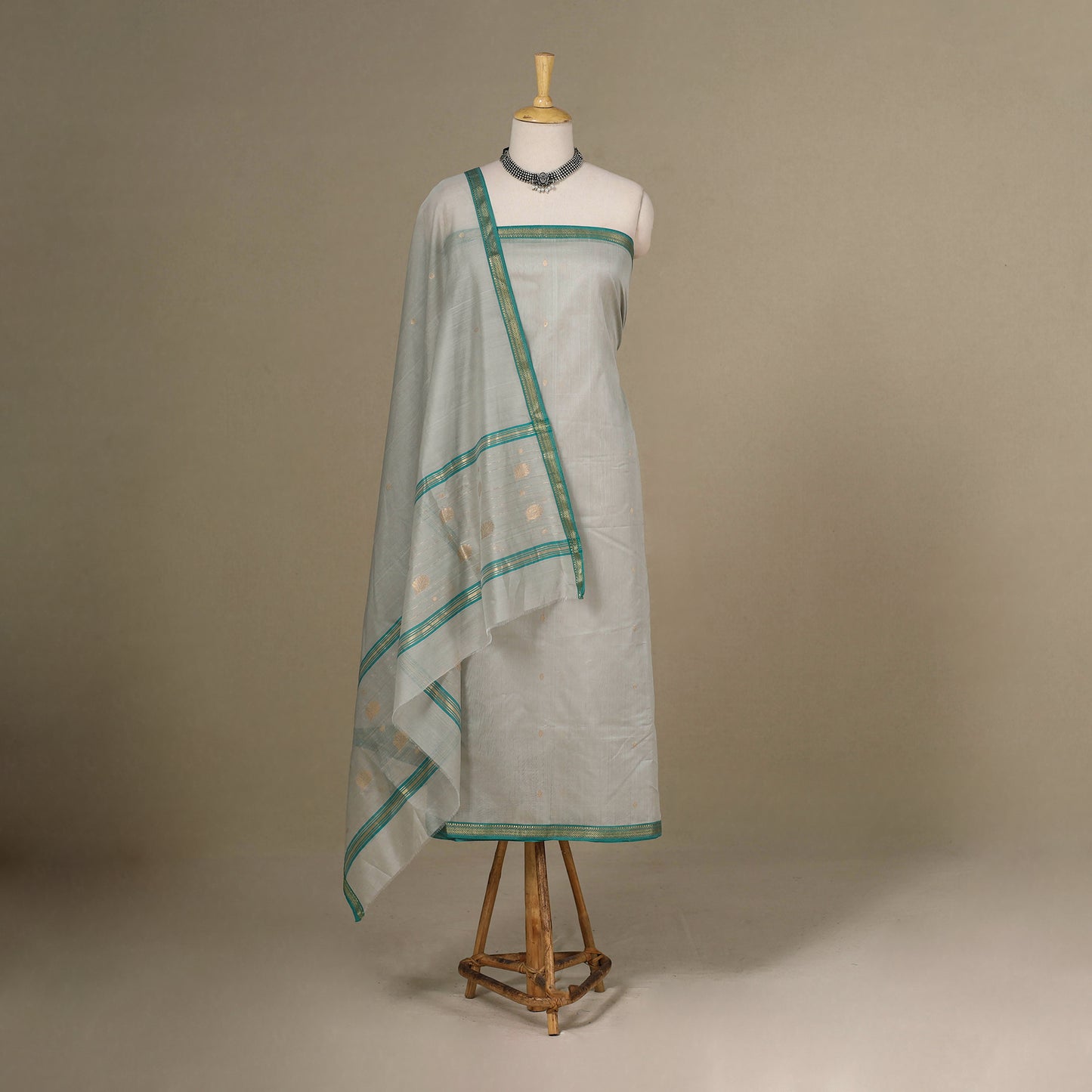 Grey - 3pc Handloom Nakshi Zari Unstitched Chanderi Silk Dress Material 