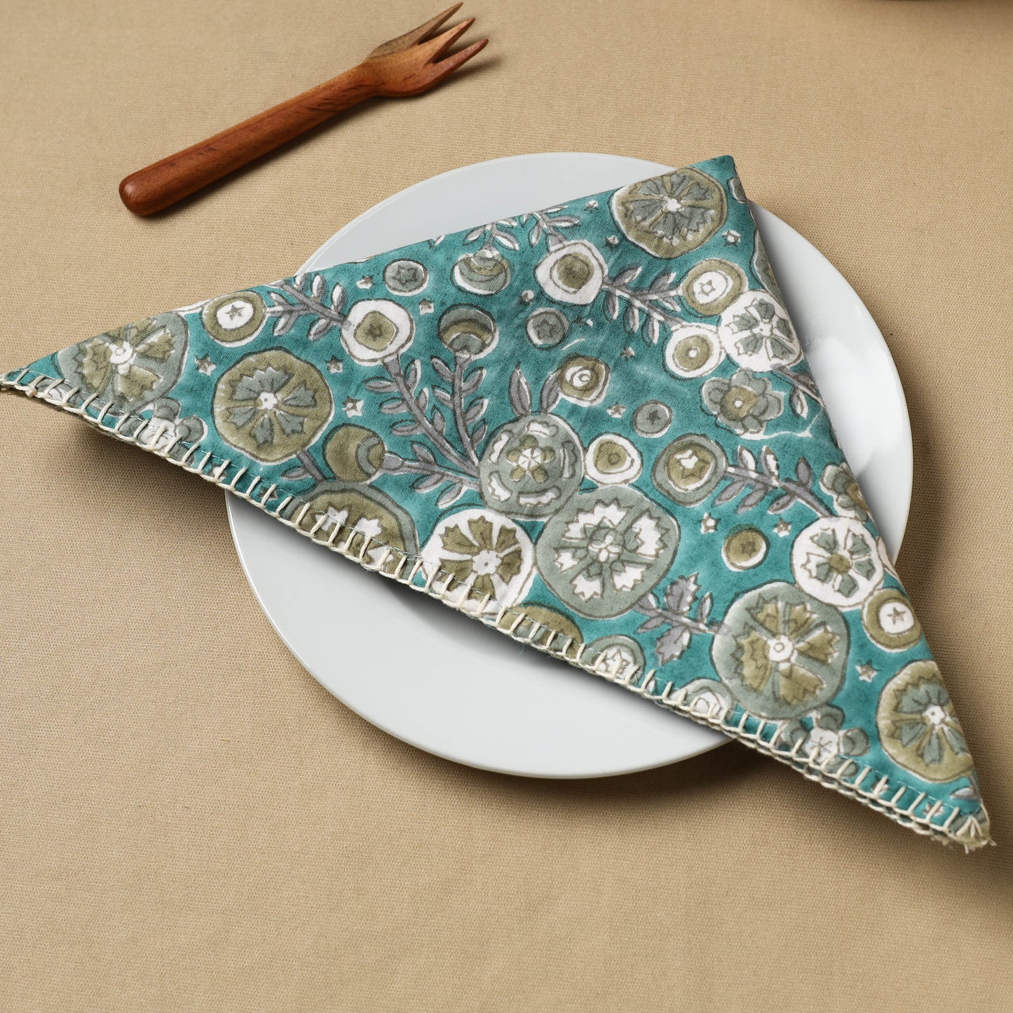 Floral Block Print Hand Embroidery Table Napkin  01