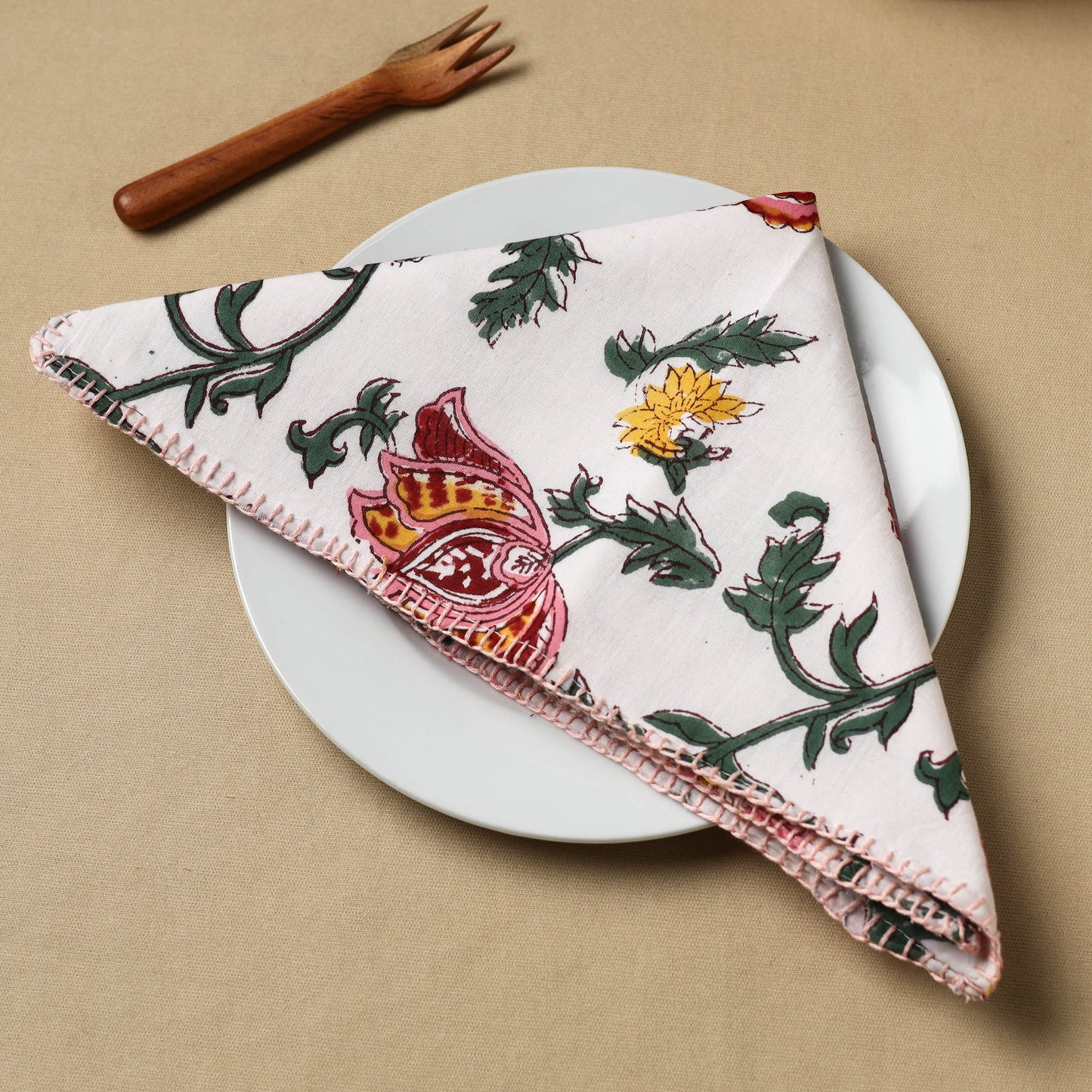 Floral Block Print Hand Embroidery Table Napkin  03