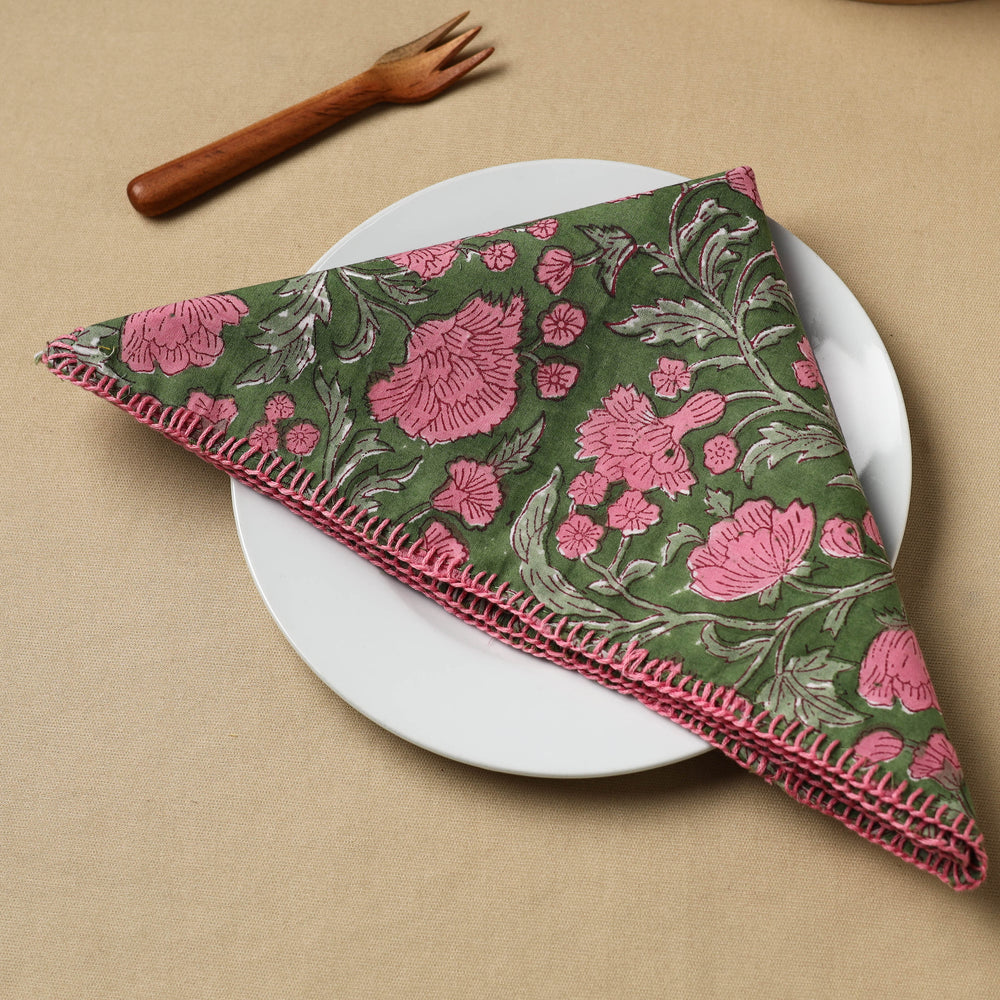 Floral Block Print Hand Embroidery Table Napkin  04