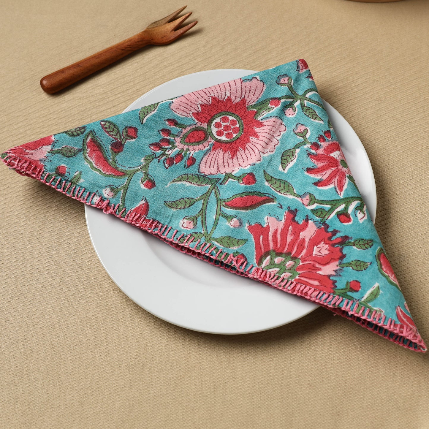 Floral Block Print Hand Embroidery Table Napkin  09