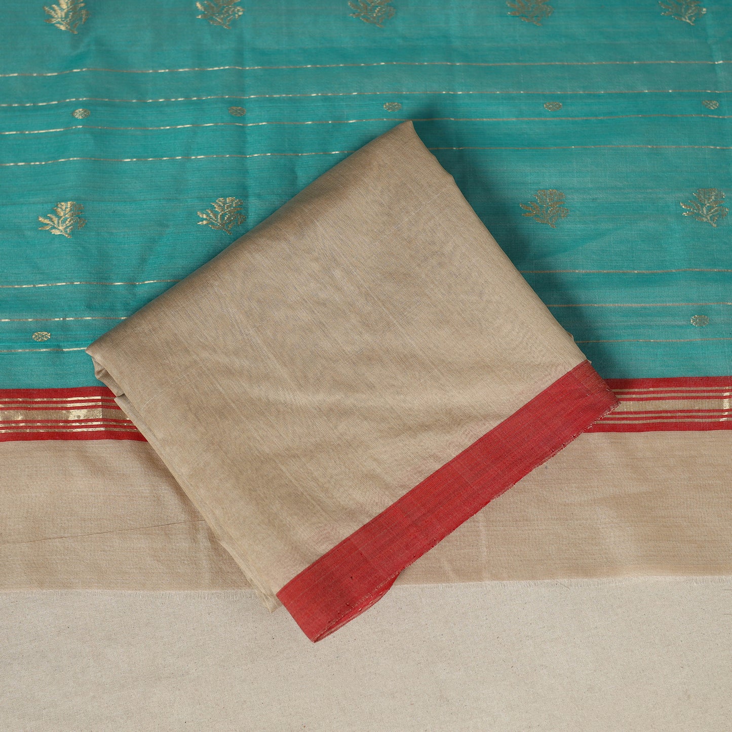 Blue - 3pc Handloom Nakshi Zari Unstitched Chanderi Silk Dress Material 