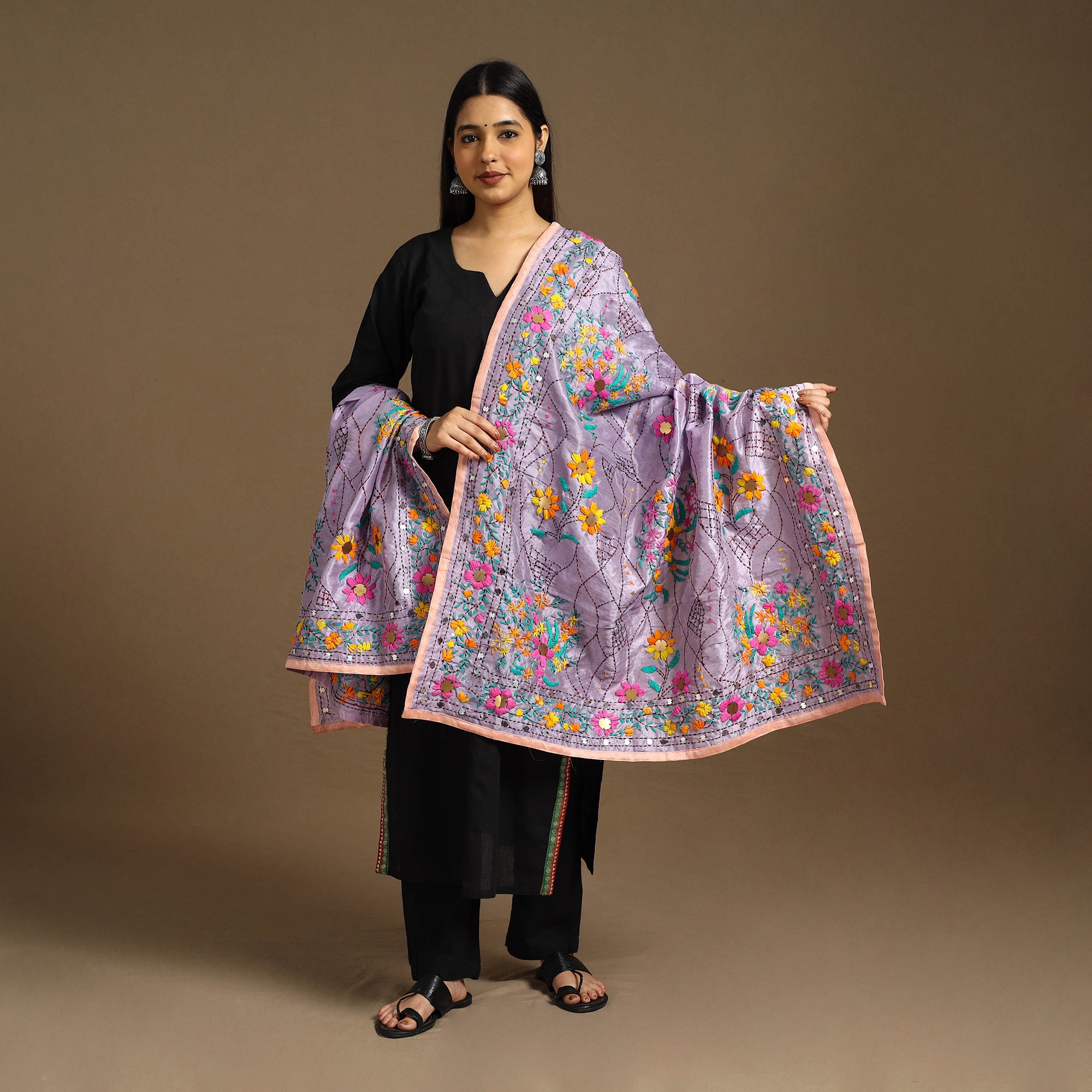 Beige - Ranihati Chapa Work Chanderi Silk Hand Embroidery Dupatta 122