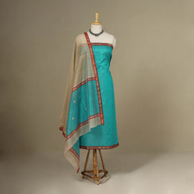 Blue - 3pc Handloom Nakshi Zari Unstitched Chanderi Silk Dress Material 