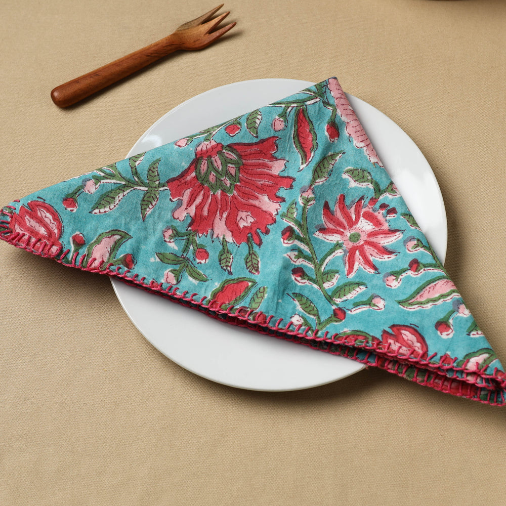 Floral Block Print Hand Embroidery Table Napkin  07