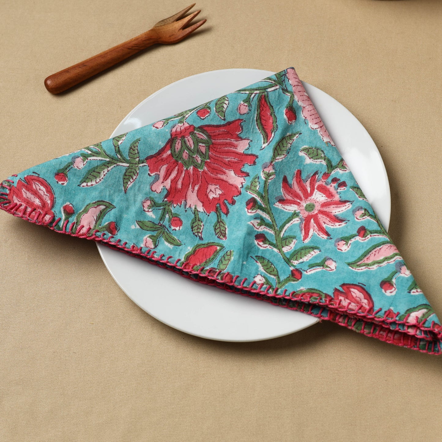 Floral Block Print Hand Embroidery Table Napkin  07