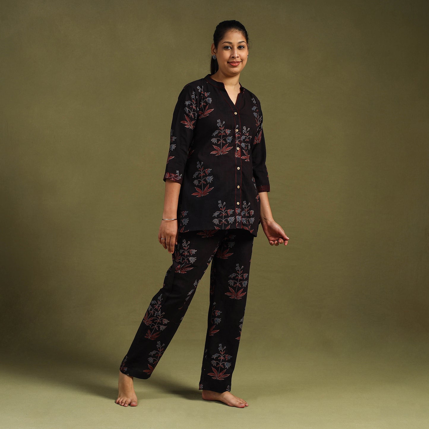 Black - Cotton Ajrakh Block Print Night Suit Set 05
