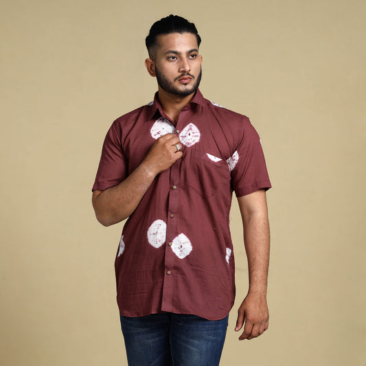 Maroon - Shibori Tie-Dye Cotton Men Half Sleeve Shirt