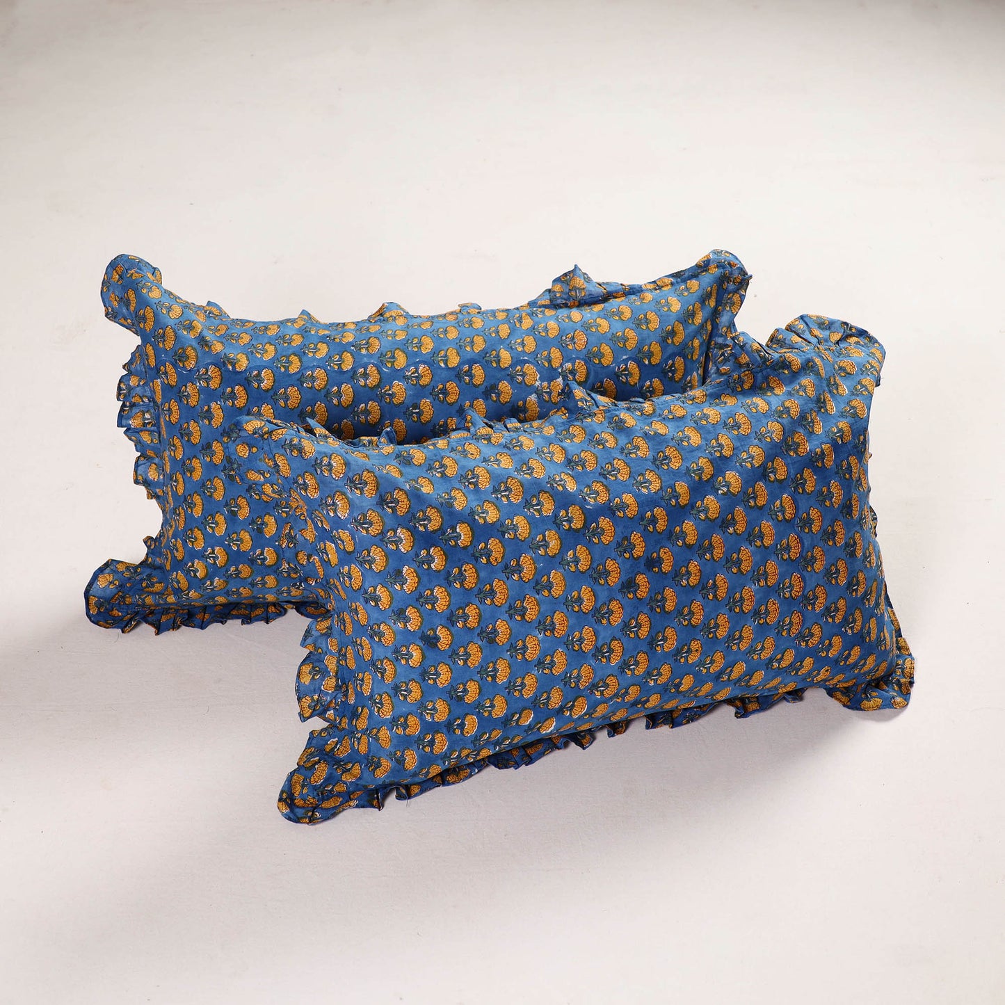 Blue - Set of 2 Sanganeri Block Print Cotton Frill Pillow Covers 12