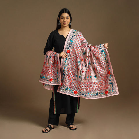 Pink - ranihati chanderi silk hand embroidery dupatta 66