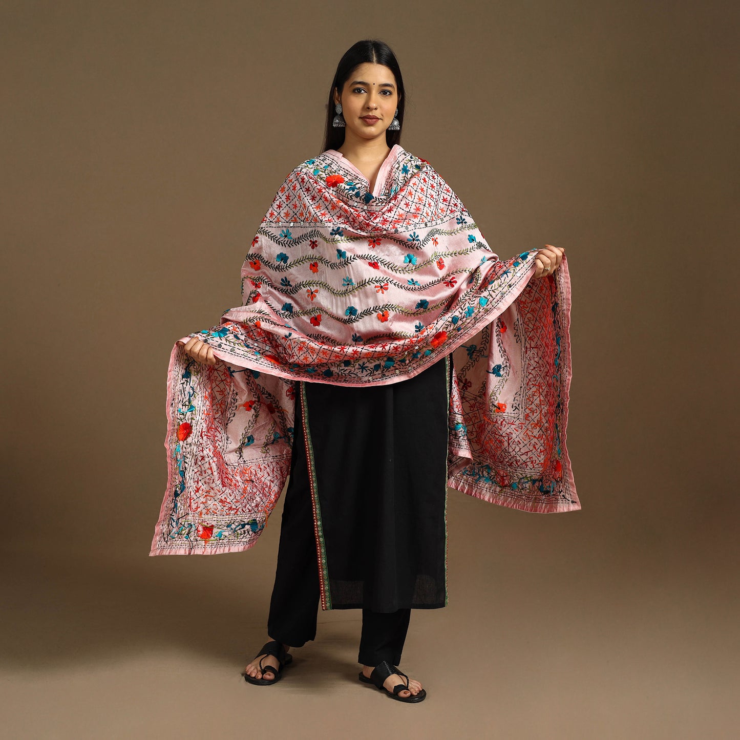 Pink - ranihati chanderi silk hand embroidery dupatta 66