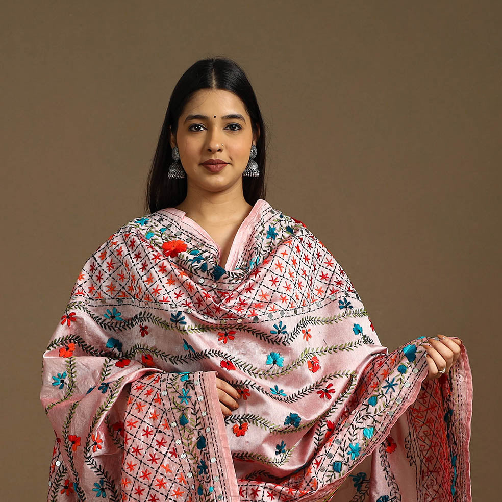 Pink - ranihati chanderi silk hand embroidery dupatta 66