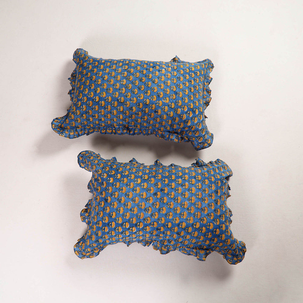 Blue - Set of 2 Sanganeri Block Print Cotton Frill Pillow Covers 12