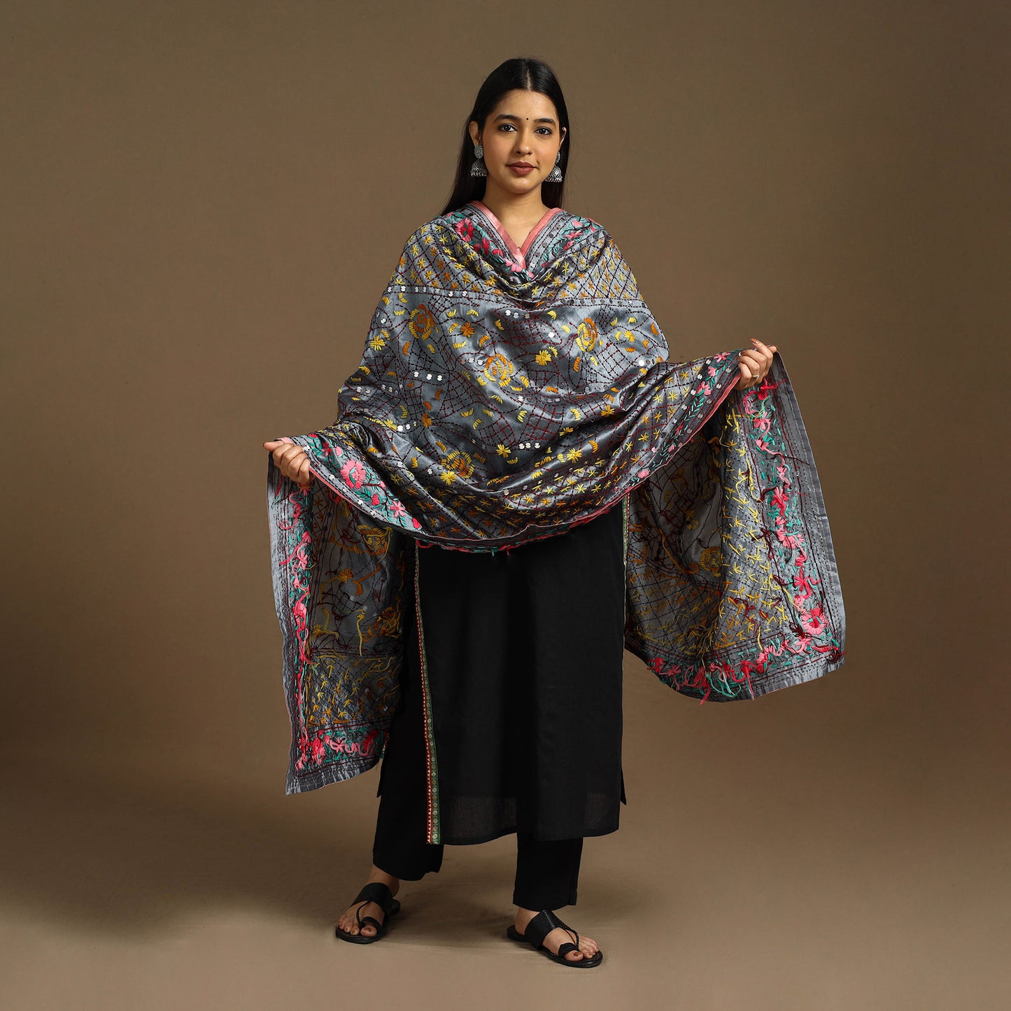 Buy Grey Ranihati Chanderi Silk Hand Embroidery Dupatta