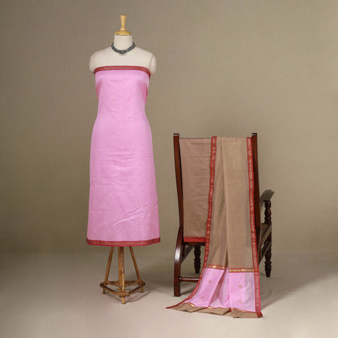Pink - 3pc Handloom Zari Buti Unstitched Chanderi Silk Dress Material 