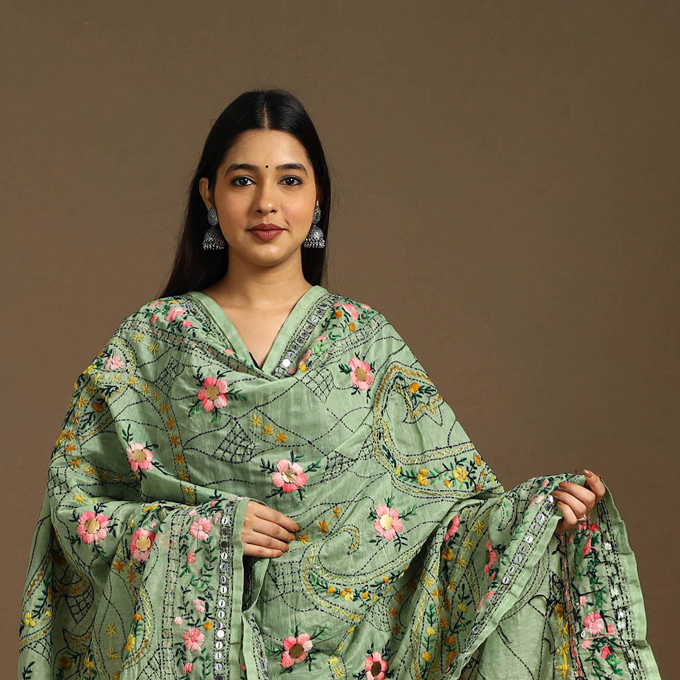 Red - Ranihati Chanderi Silk Zig Zag Hand Embroidery Dupatta 16