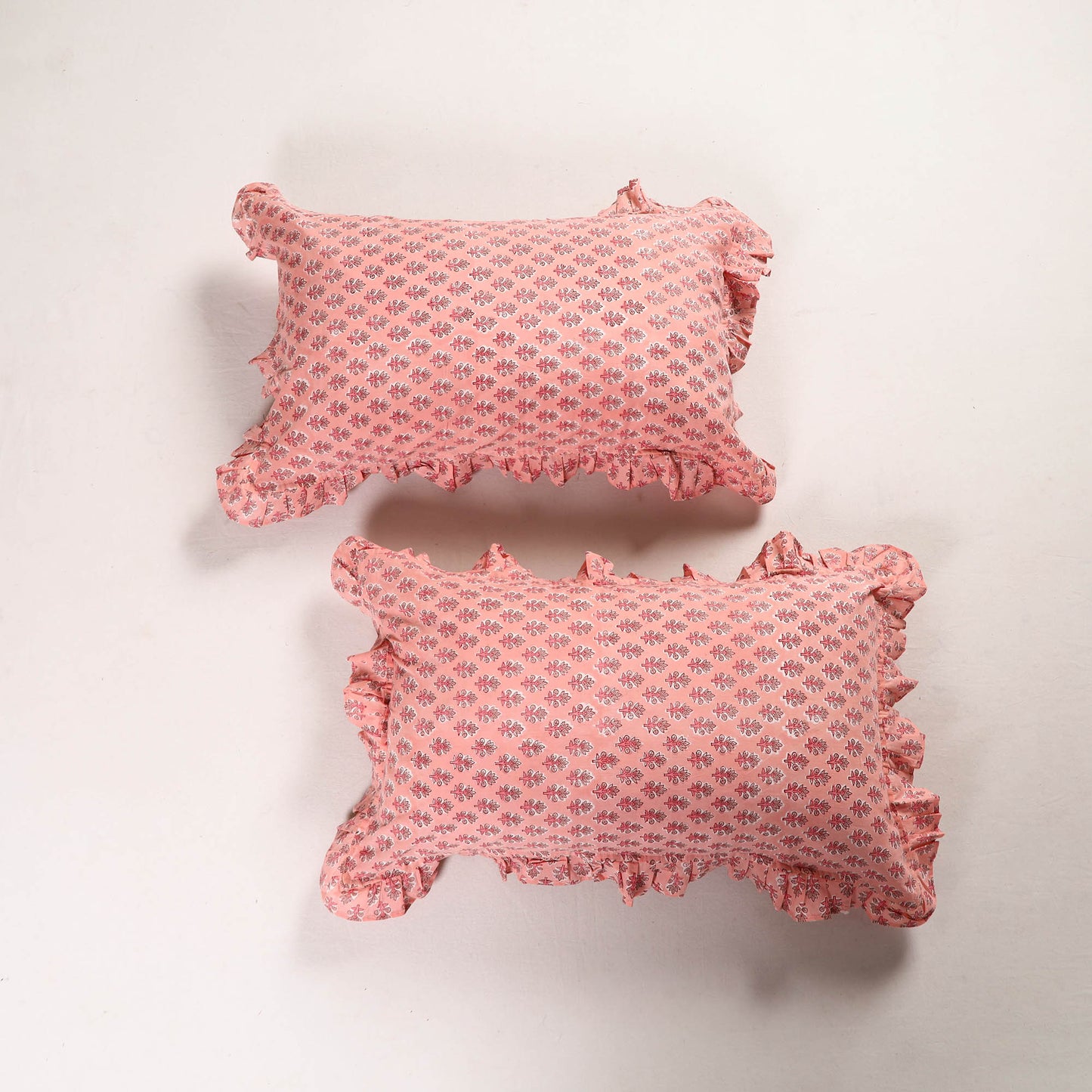 Pink - Set of 2 Sanganeri Block Print Cotton Frill Pillow Covers 14