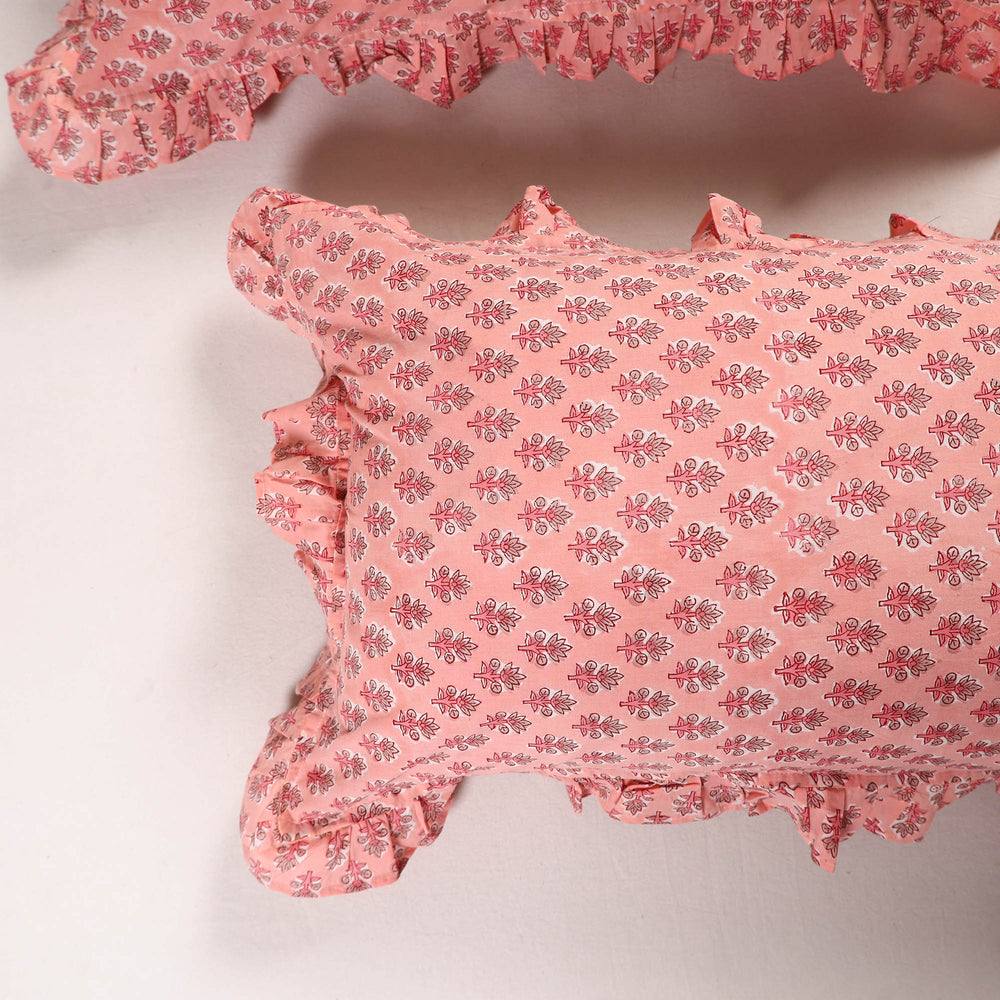 Pink - Set of 2 Sanganeri Block Print Cotton Frill Pillow Covers 14