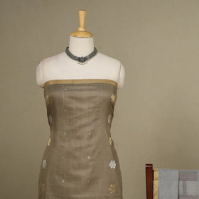 Brown - 2pc Handloom Flower Zari Buta Unstitched Chanderi Silk Dress Material