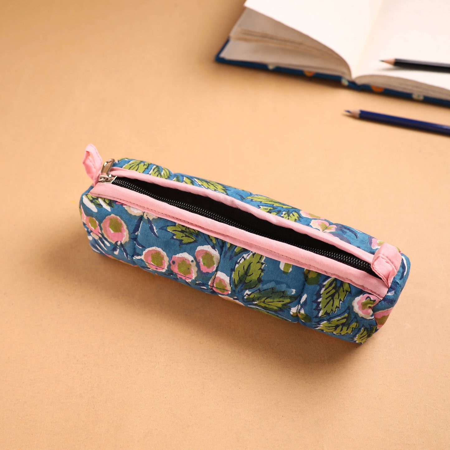 Blue - Handcrafted Quilted Cotton Pencil Pouch 02