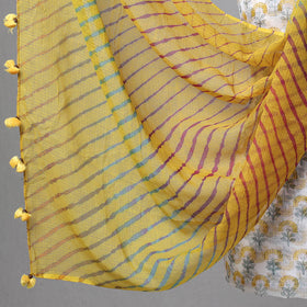 White - 2pc Sanganeri Block Printed Kota Doria Cotton Kurta with Leheriya Tie-Dye Dupatta 19