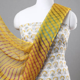 White - 2pc Sanganeri Block Printed Kota Doria Cotton Kurta with Leheriya Tie-Dye Dupatta 19