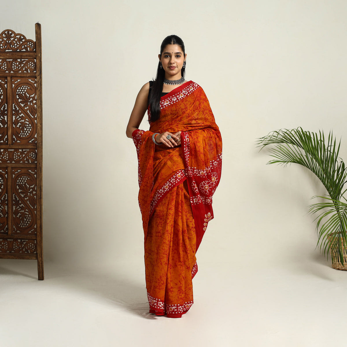 Buy Orange Mul Cotton Hand Batik Print Saree