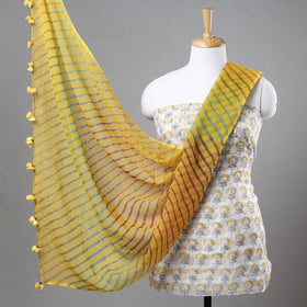 White - 2pc Sanganeri Block Printed Kota Doria Cotton Kurta with Leheriya Tie-Dye Dupatta 19