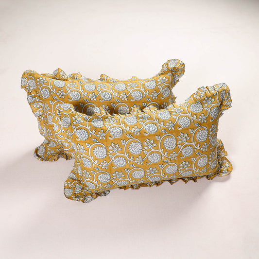 Yellow - Set of 2 Bagh Block Print Cotton Frill Pillow Covers 16