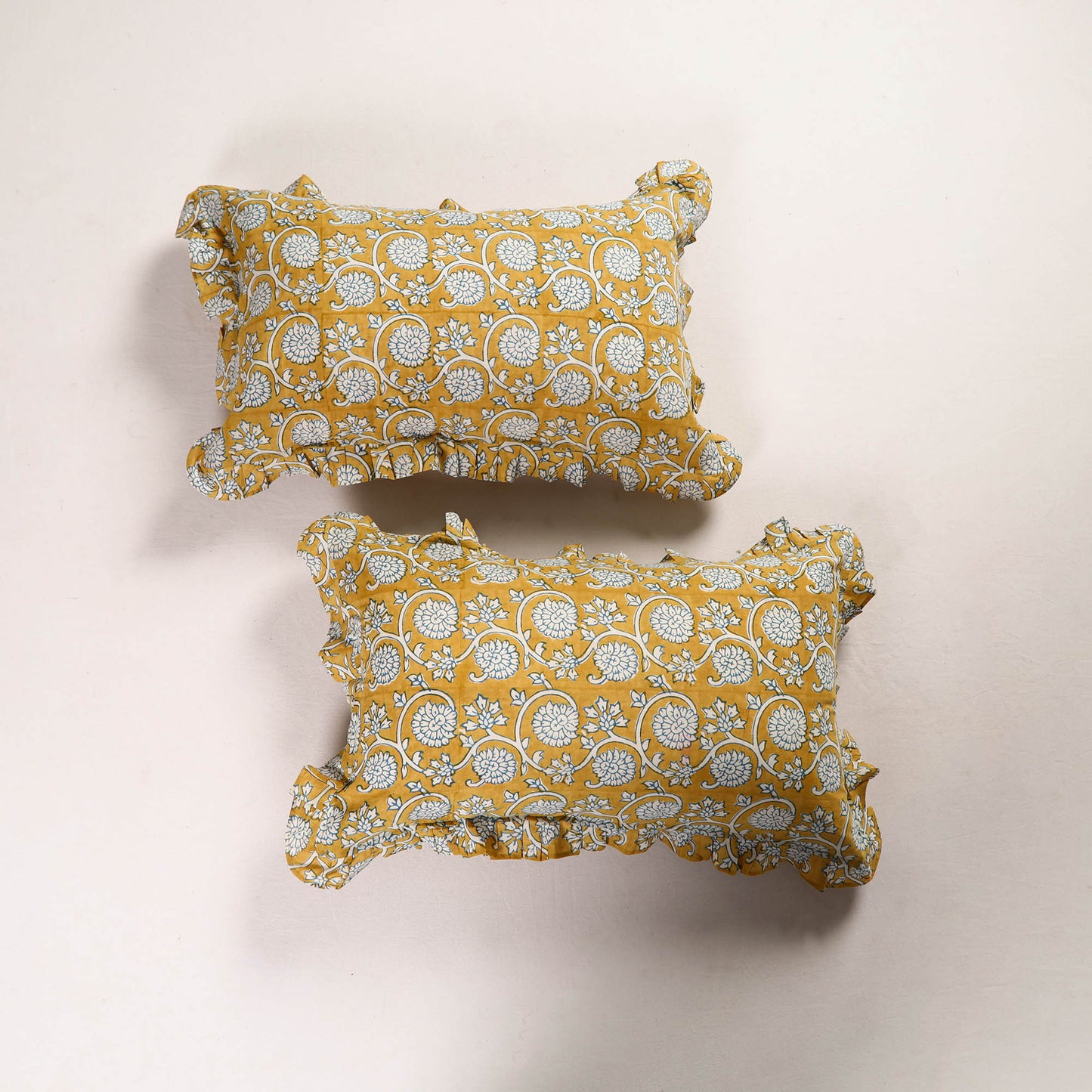 Yellow - Set of 2 Bagh Block Print Cotton Frill Pillow Covers 16