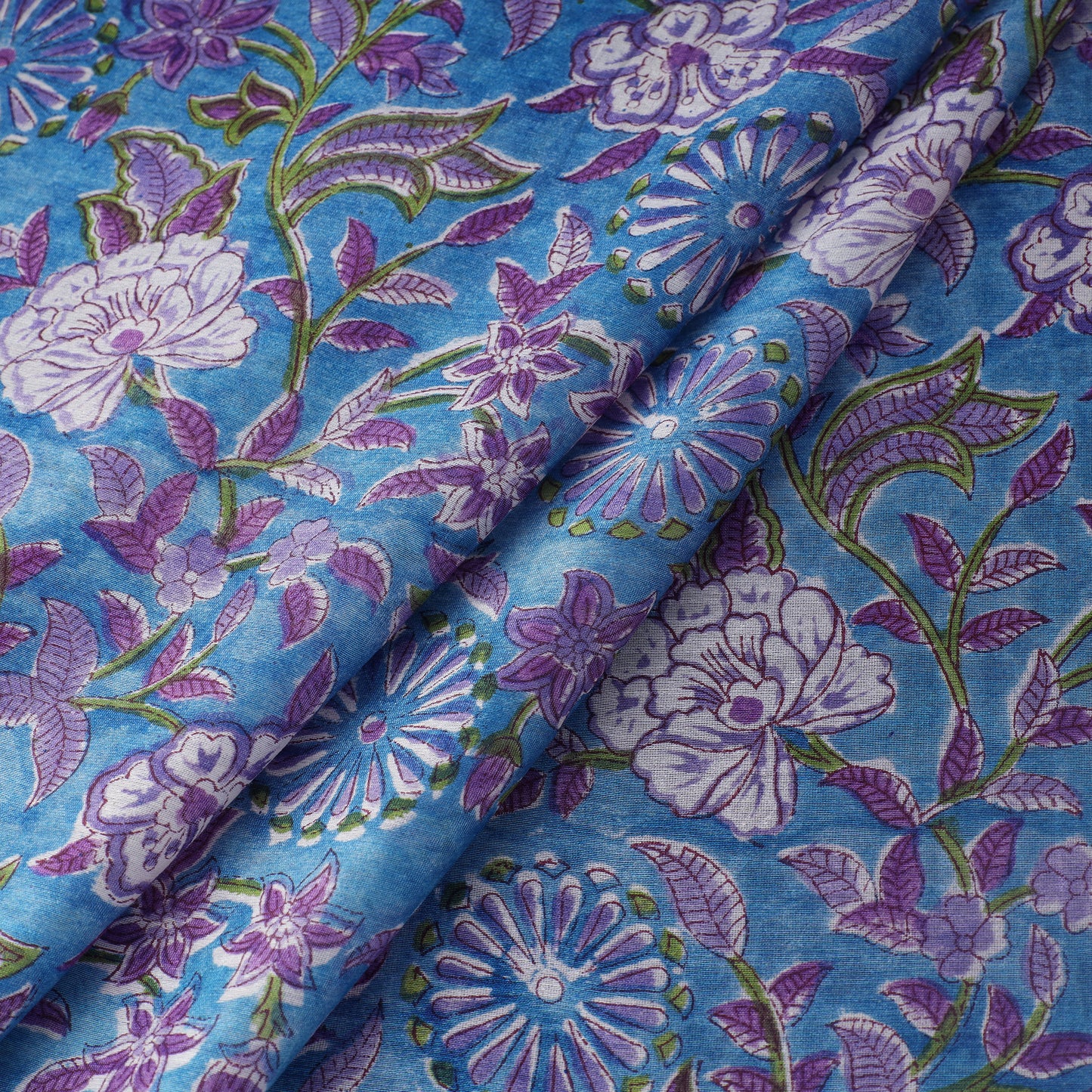 Blue - Sanganeri Block Printed Chanderi Silk Fabric 04
