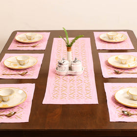 Pink - Barmer Applique Cutwork Dining Table Runner with Mat Set 03