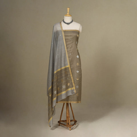 Brown - 2pc Handloom Flower Zari Buta Unstitched Chanderi Silk Dress Material