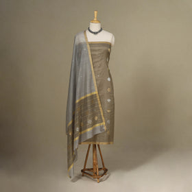 Brown - 2pc Handloom Flower Zari Buta Unstitched Chanderi Silk Dress Material
