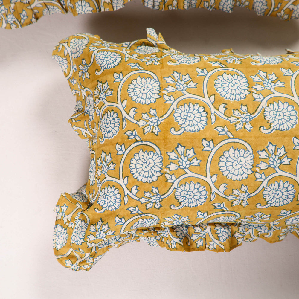 Yellow - Set of 2 Bagh Block Print Cotton Frill Pillow Covers 16